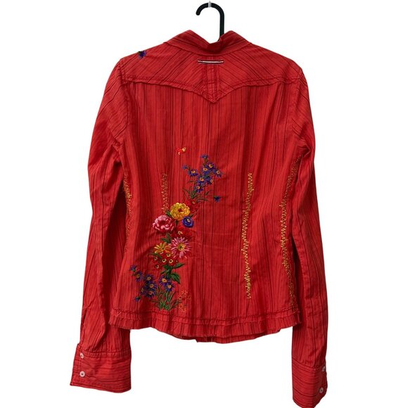Johnny Was 3J Workshop Coral Red Floral Embroidered Striped Shirt Womens Small - Picture 4 of 5